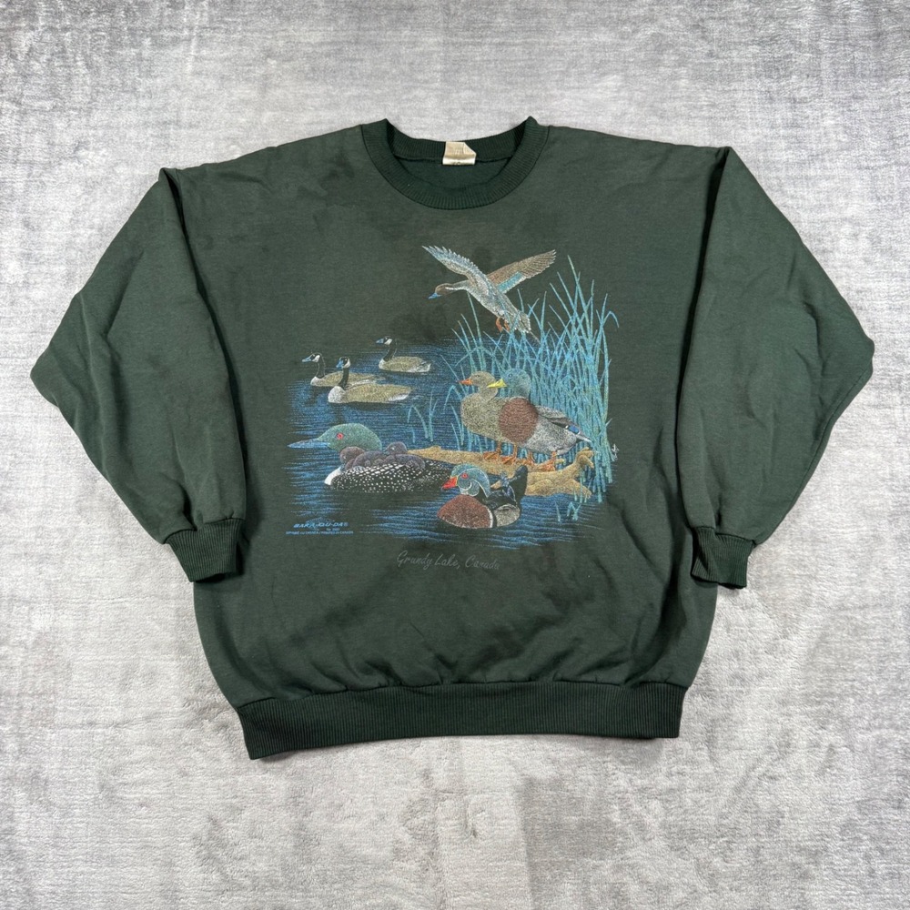 Vintage Nature Sweatshirt Mens XL Green Wildlife Duck Bird Grundy Lake Canada